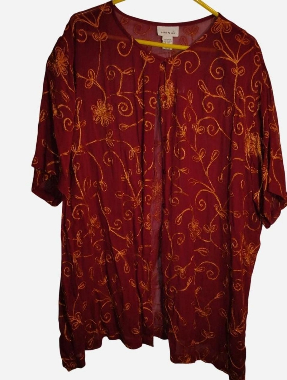 Avenue Deep Merlot Sheer Floral Crewel Embroidered Kimono Topper - Size 22/24